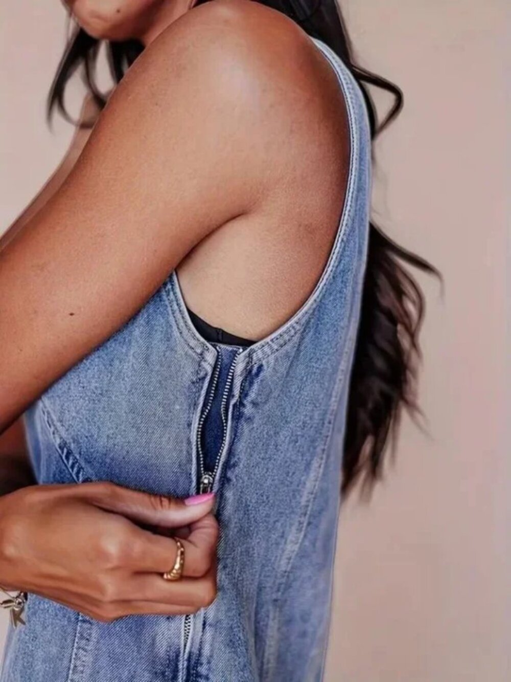 V-Neck Side Zip Denim Dress - Picture 3 of 5